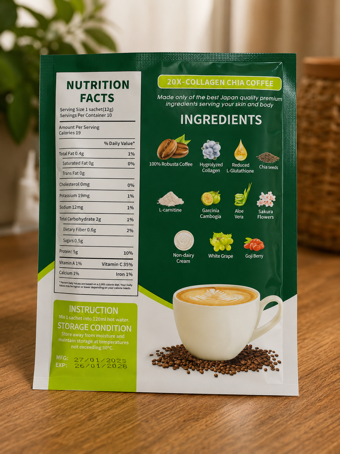FITGUM 20X Collagen Chia Coffee – Premium Coffee Mix with Collagen & Glutathione (120g | 10 Sachets) - Image 3