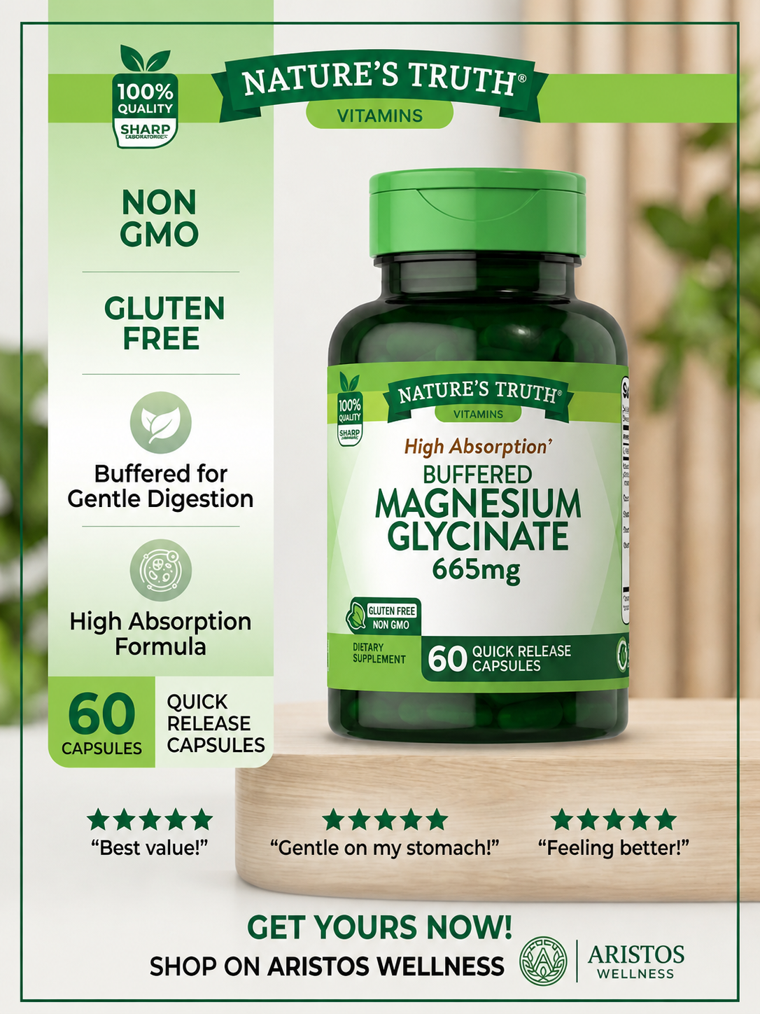 Nature's Truth High Absorption Buffered Magnesium Glycinate 665mg – 60 Quick Release Capsules - Image 3