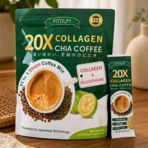 FITGUM 20X Collagen Chia Coffee – Premium Coffee Mix with Collagen & Glutathione (120g | 10 Sachets)
