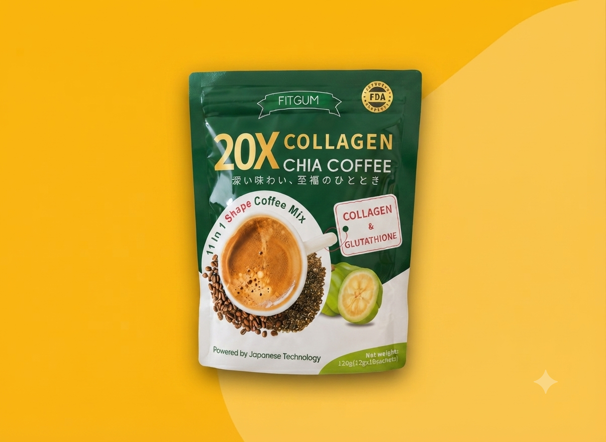 FITGUM 20X Collagen Chia Coffee – Premium Coffee Mix with Collagen & Glutathione (120g | 10 Sachets)