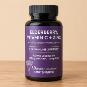 Elderberry, Vitamin C + Zinc with Ginger & Vitamin D3 (60 Capsules) | 5-in-1 immune support